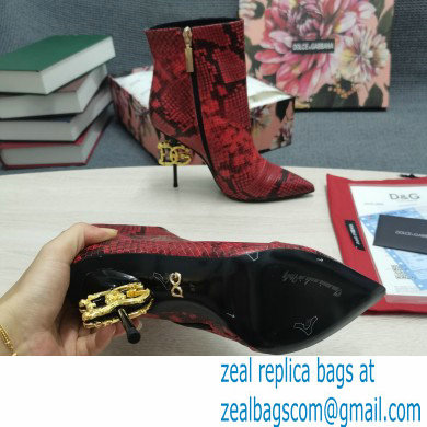 Dolce  &  Gabbana Thin Heel 10.5cm Leather Ankle Boots Snake Print Red with Baroque DG Heel 2021